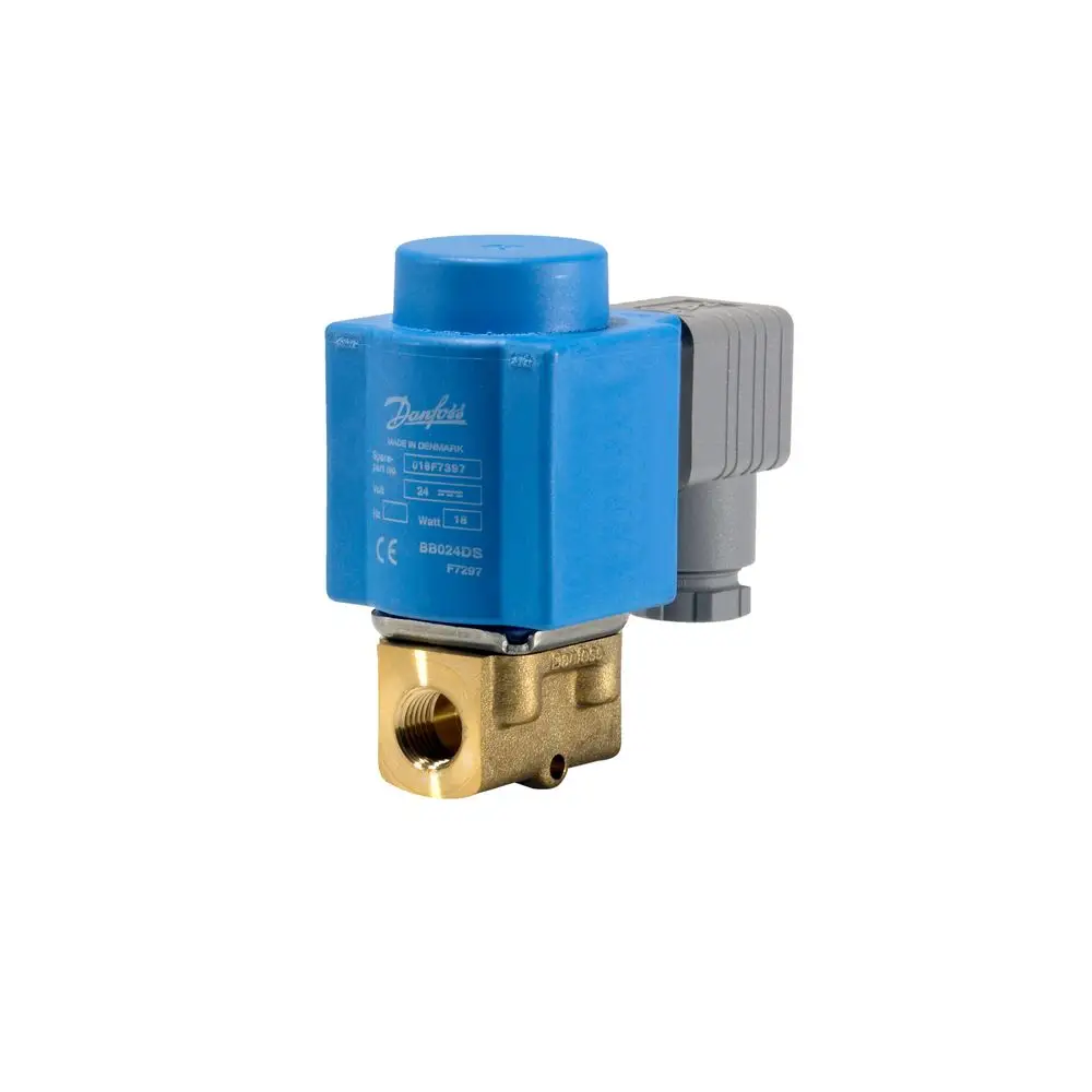 Danfoss Magnetventil in blau mit grauem Anschluss, ausgestattet mit einem Messingkörper und einem G1/4 Anschluss.